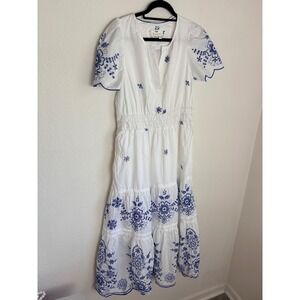 Anthropologie somerset embroidered Maxi Dress M White Blue Smocked Tiered Boho